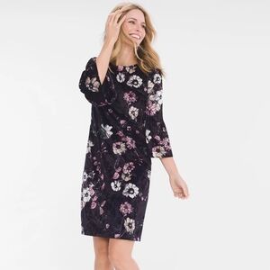 Chico's Black Floral Velvet Bell Sleeves Midi Shift Dress Size 3 (US 16/18)